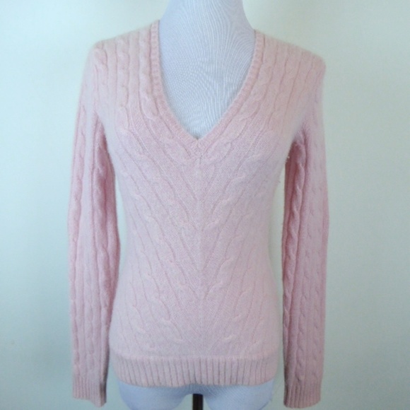 RALPH LAUREN BLACK LABEL CASHMERE pink CABLE  v neck Sweater M - Picture 1 of 5